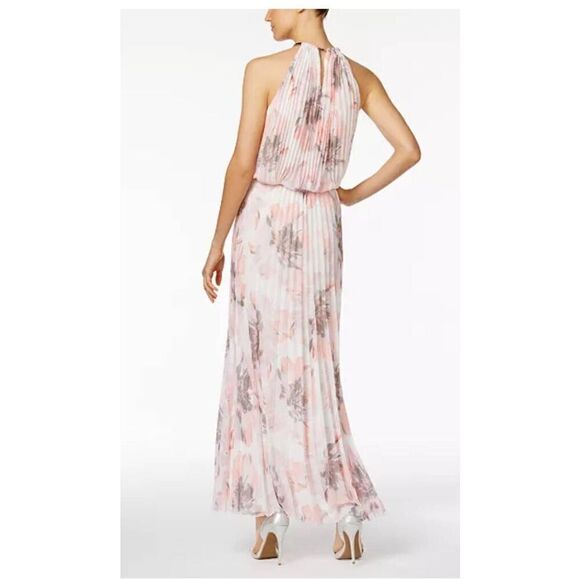MSK Womans White, Pink and Grey Floral Print Halter,  Allover Pleated Maxi Dres, - Picture 2 of 11